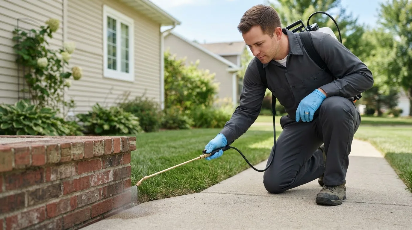 Pest control technician treating a home near East Rutherford, NJ
